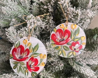 Hand Painted Floral Poppy Christmas Ornament | Custom Painted Christmas Ornament | Hand Made Ornament