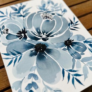 Hand Painted Watercolor Monochrome Blue Floral Painting 8x10 Watercolor Painting Flowers, Greenery/Leaves Painting Frameable Art image 3