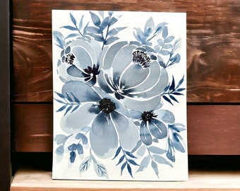 Hand Painted Watercolor Monochrome Blue Floral Painting- 8”x10” Watercolor Painting- Flowers, Greenery/Leaves Painting- Frameable Art