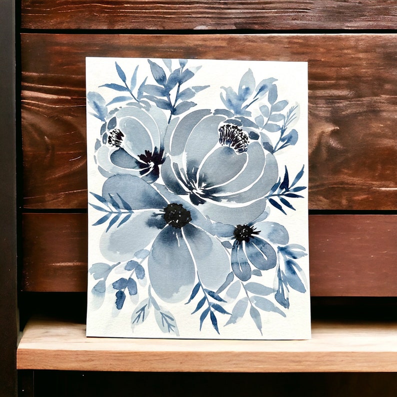 Hand Painted Watercolor Monochrome Blue Floral Painting 8x10 Watercolor Painting Flowers, Greenery/Leaves Painting Frameable Art image 1