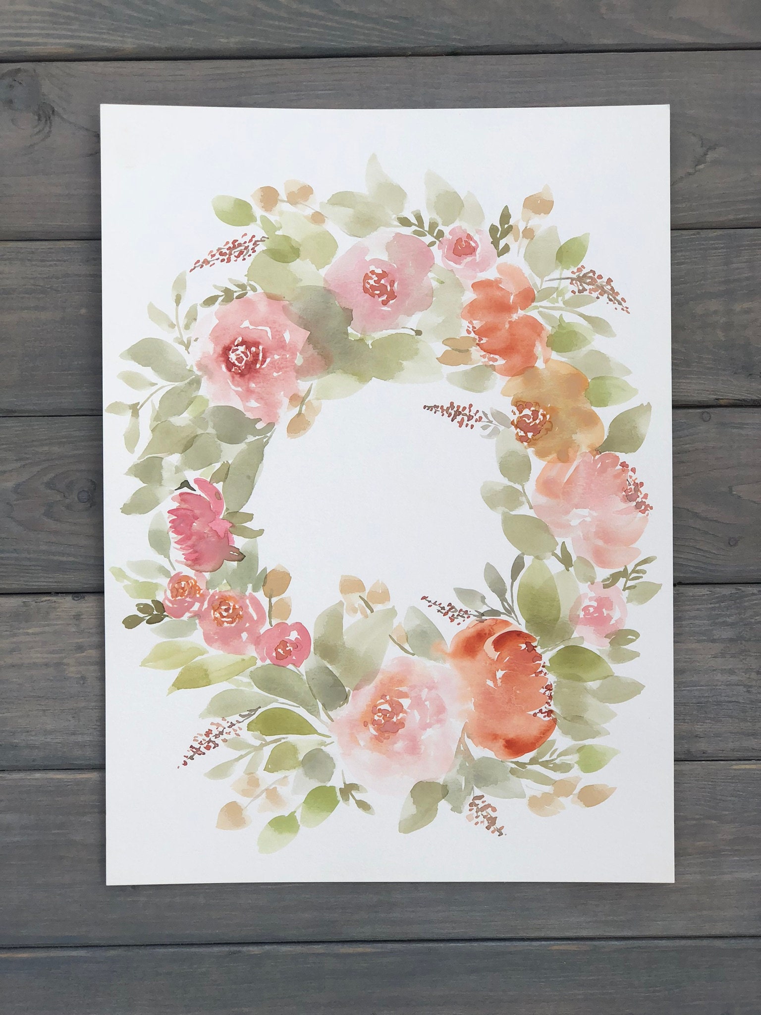 Hand Painted Floral Wreath Watercolor - Pink Peonies & Roses (15x11) - Etsy