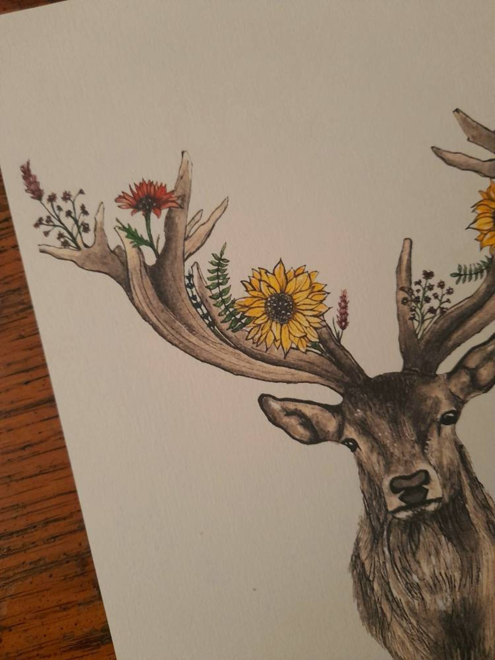 Wild Flower Stag Sunflower Floral Deer Botanical Etsy