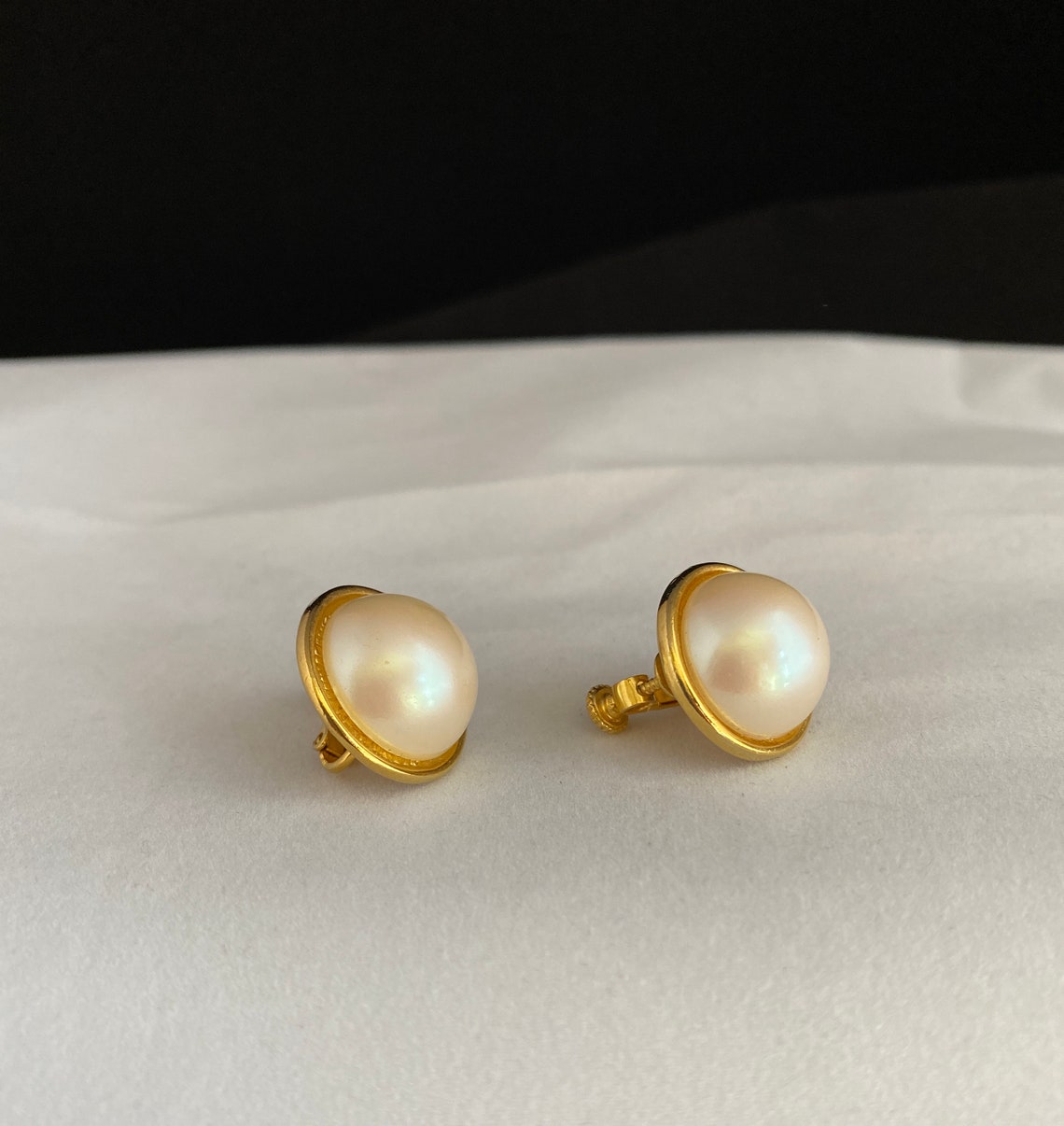 Vintage Goldette Clip on Earrings Faux Pearl Cabochon Gold | Etsy