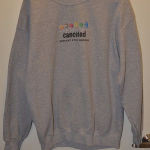May include: Grey sweatshirt with a graphic of colourful M&Ms and the text "cancelled" with the words "Support Rylee Morgan" underneath.