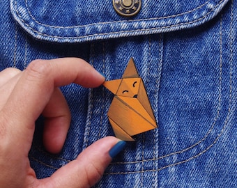 Broche fox, épingle Fox, bijoux Fox, broche renard origami, renard peinture bois, bijoux animal Origami, badge animalier, épingle bois peinture, broche bois