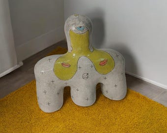 Handmade Ceramic Golem Sculpture: Painted Art Bust Statue