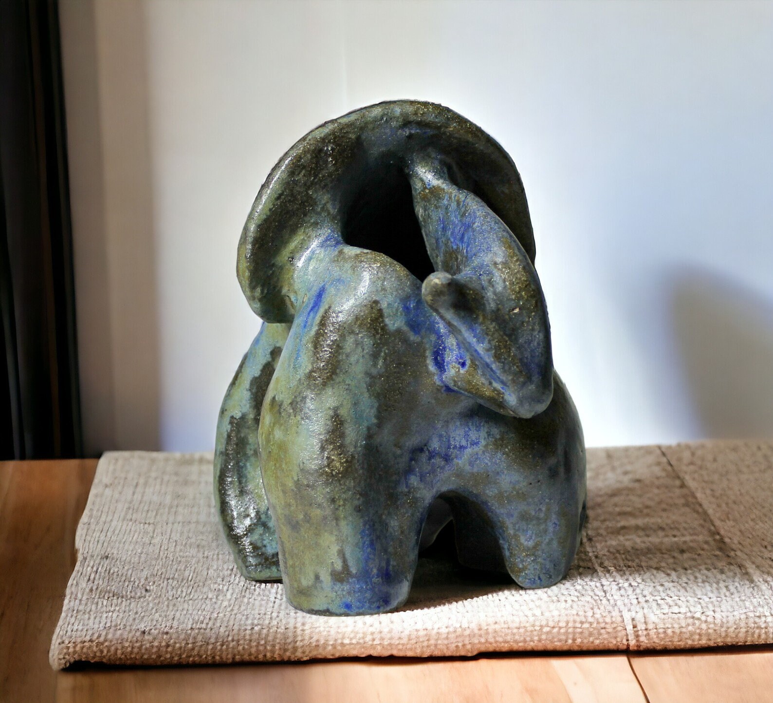 Handmade Ceramic Fantasy Beast Sculpture: Abstract Blue Art Vase