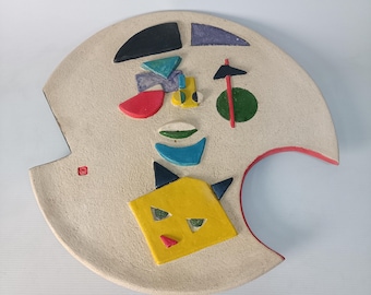 Colorful Ceramic Wall Art – Abstract Portrait of a Woman with a Cat | Handcrafted Ceramic Bas-Relief