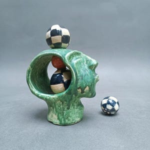 Surrealist Ceramic Head Green Glazed Open Mind Clay Bust Philosophy Sculpture, Mind vs Reality Ceramic Head Sculpture.