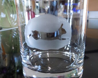 small glass with hand etched rabbit