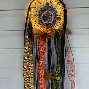 Handmade Skeleton Lady Nightmare Catcher for Halloween with battery operated LED lights