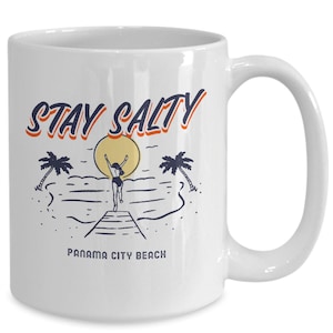 Handmade Ceramic Stay salty panama city beach fun summer vintage girl palm tree white gift mug