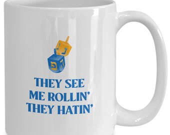 Handmade Ceramic They see me rollin' they hatin' dreidels mug