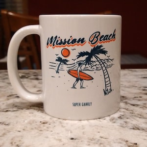 Handmade Ceramic Vintage surf super gnarly mission beach surfer white gift mug