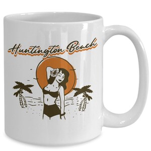 Handmade Ceramic Vintage luau surfer girl huntington beach white gift mug