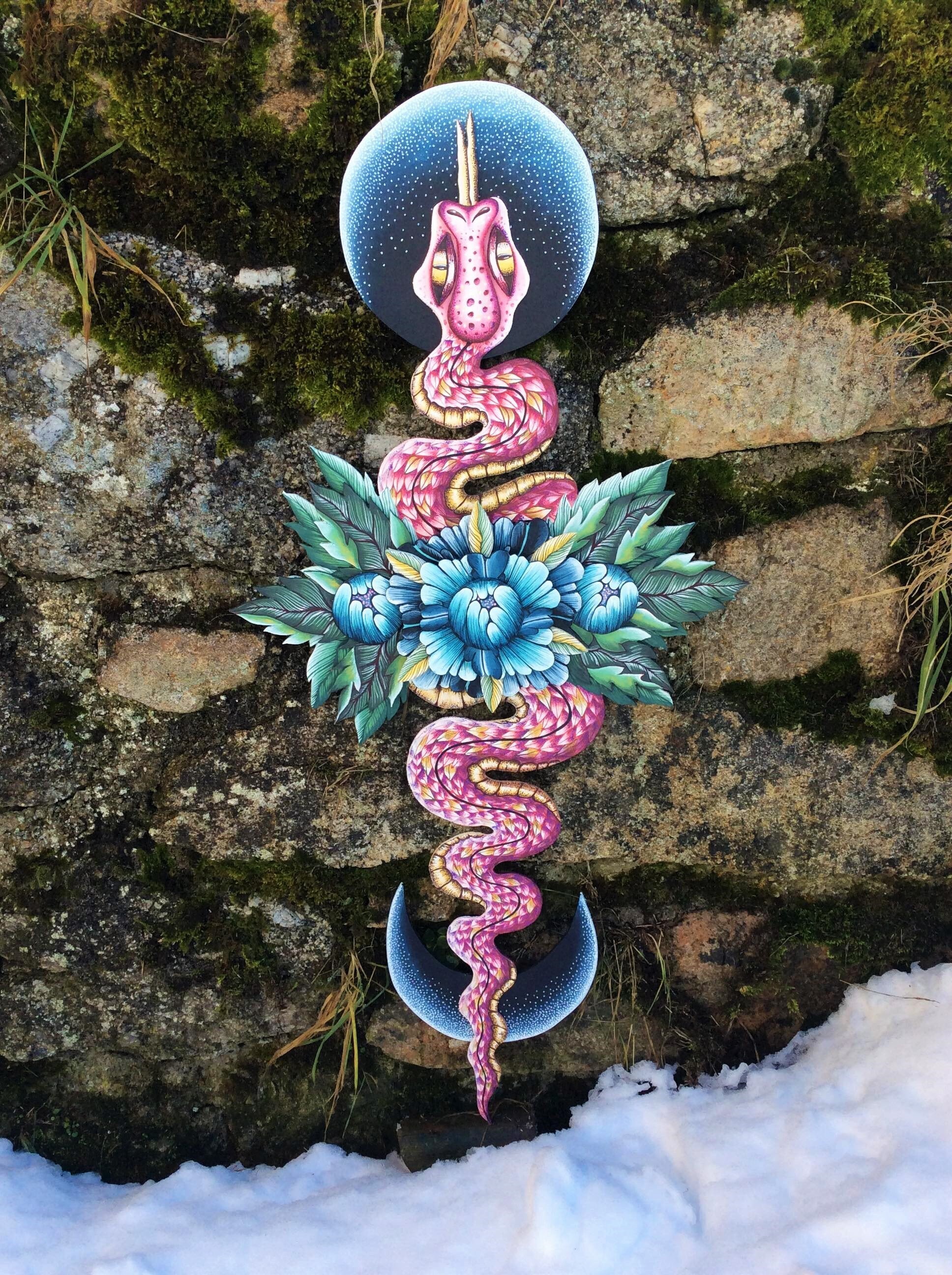 Décoration Murale en Bois Entièrement Réalisée à La Main Serpent Rose