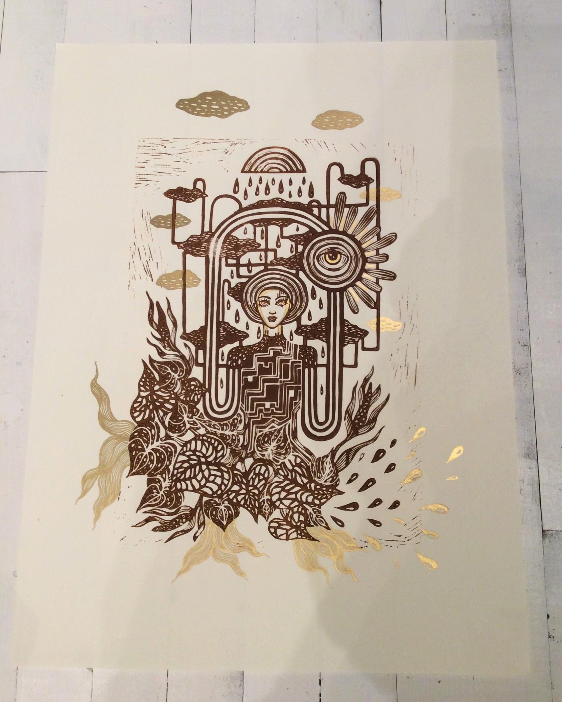 Linogravure Osmose Brun Doré. Création Originale By Nell