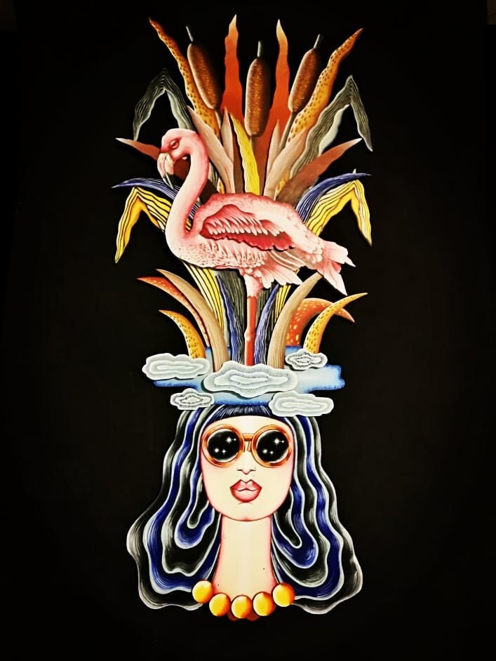 Décoration Murale en Bois Entièrement Réalisée à La Main-Flamingo 70's