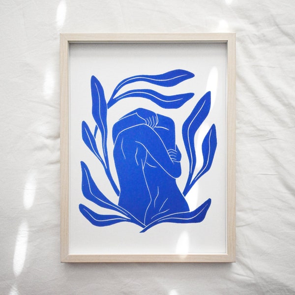 Original Linocut Print / Couple Hugging Blue illustration / A4 / Wall Art / Birthday gift / Valentines / Anniversary Gift / Wedding Gift