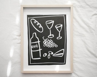 Original Linocut Print / Foodie Picnic Wine and Cheese illustration in Black / Art print / A3 / Food wall Art / Birthday gift / Kitchen Art