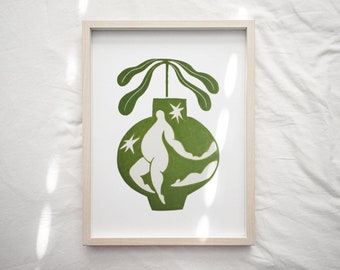 Never Let Go / Original Linocut Print / Green Vase illustration / Wall art / A3 / Birthday gift / Housewarming Gift / Christmas Gift / Greek