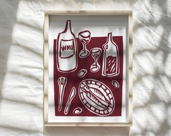 Original Linoldruck / Foodie Picknick Sardelle Illustration in Maroon Red / Kunstdruck / A3 / Food Wand Kunst / Geburtstagsgeschenk / Kitchen Art