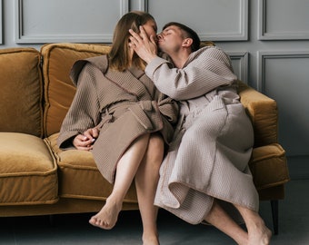 Unisex Waffle Bathrobe / 100% Cotton Robe / Robe for Him and for Her / Beige Robe for Home / Bathrobe with Hood / Elegant Robe for Home