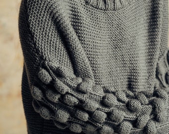 Grey Colour Chunky Knitted Long Sweater Dress / Stylish Handmade Sweater / Winter Sweater / Unique Hand Crafted Clothing/ Hand Knitted Dress
