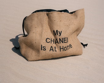 My Chanel Is At Home Shoulder Beach Bag / Up Cycled Coffee Sack Bag / Large Sustainable Coffee sack Shoulder Bag With Pockets / Coastal Bag