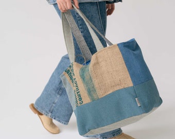 Blue Jute Cotton Shoulder Beach Bag / Up Cycled Coffee Sack Bag / Large Sustainable Coffee sack Shoulder Bag With Pockets / Coastal Bag