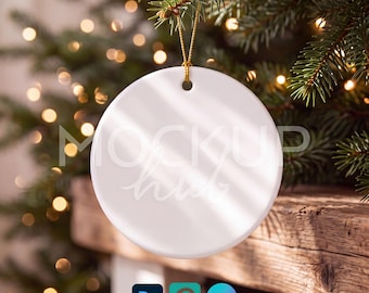 Christmas Ornament Mockup Canva Template Round Ceramic Ornament with Gold String, Photoshop Smart Object PSD, Canva PNG, Print on Demand