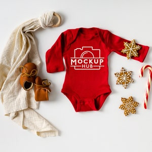Rabbit Skins Red Bodysuit | Christmas Mockup | 4411 Red Long Sleeve Baby Mockup | Tshirt Mockup | Gender Neutral Mockup | Minimalist