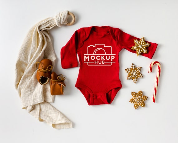 Rabbit Skins Red Bodysuit | Christmas Mockup | 4411 Red Long Sleeve Baby Mockup | Tshirt Mockup | Gender Neutral Mockup | Minimalist
