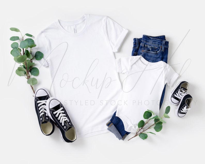 May include: White t-shirt and bodysuit mockup with blue jeans, black sneakers, and eucalyptus sprigs on a white background.