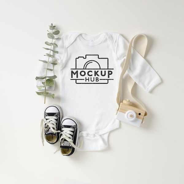 Rabbit Skins 4411 White Bodysuit | Flat Lay Baby Mockup | Long Sleeve Bodysuit Mockup | Winter Mockup | Autumn Mockup | Rabbit Skins Baby