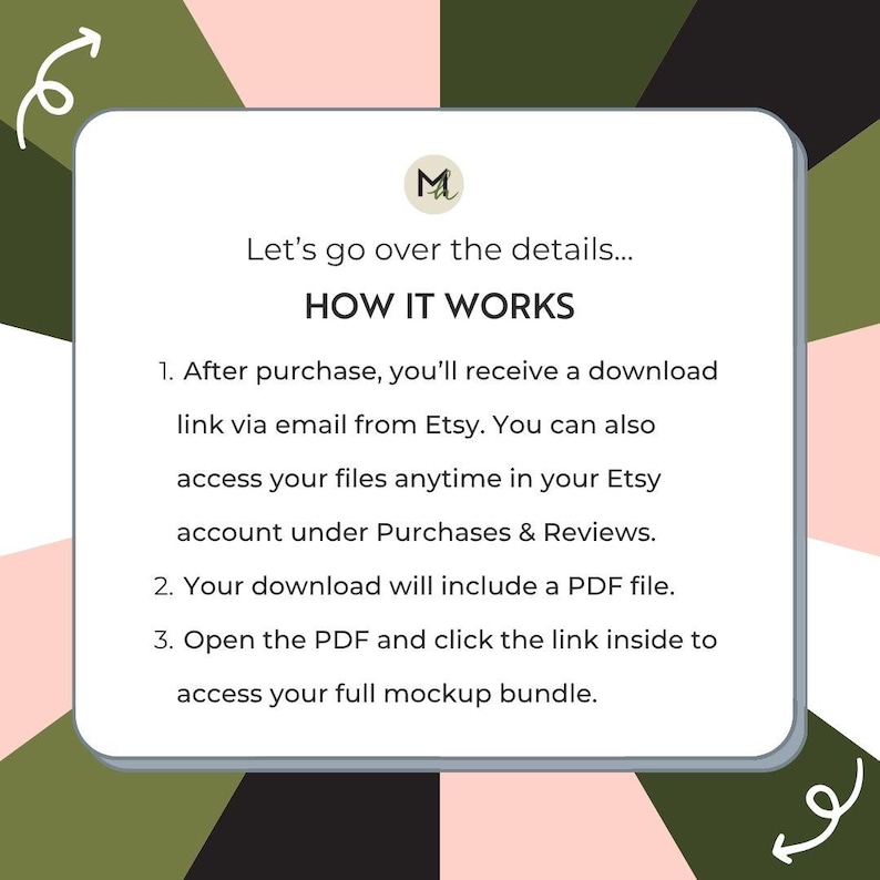 May include: A white, rounded-corner graphic with text that reads "Let's go over the details... HOW IT WORKS." Instructions include receiving a download link via email from Etsy and accessing files under Purchases & Reviews.