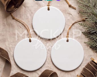Christmas Ornament Mockup Canva Template Round Ceramic Ornament with Gold String, Photoshop Smart Object PSD, Canva PNG, Print on Demand