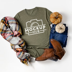 Bella Canvas Fall Mockup | Halloween Mockup | 3001C Heather Olive Tshirt | Flat Lay Shirt Mockup | Bella Canvas 3001 Mockup | Tshirt Mockup