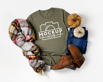 Bella Canvas Fall Mockup | Halloween Mockup | 3001C Heather Olive Tshirt | Flat Lay Shirt Mockup | Bella Canvas 3001 Mockup | Tshirt Mockup