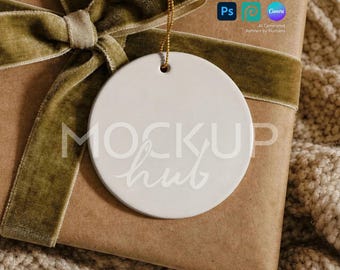 Christmas Ornament Mockup Canva Template Round Ceramic Ornament with Gold String, Photoshop Smart Object PSD, Canva PNG, Print on Demand