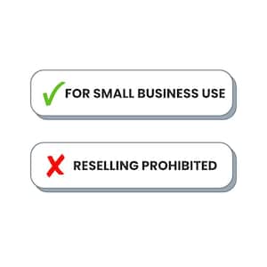 May include: Two white rectangular buttons with rounded corners. The top button has a green checkmark and the text "FOR SMALL BUSINESS USE". The bottom button has a red X and the text "RESSELLING PROHIBITED".