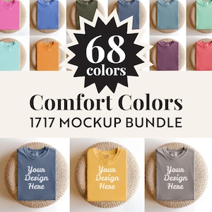 May include: A mockup bundle featuring 68 Comfort Colors t-shirts in various colors, including pink, blue, green, and orange. The text "68 colors" is displayed in a starburst shape. The phrase "Comfort Colors 1717 MOCKUP BUNDLE" is also visible.