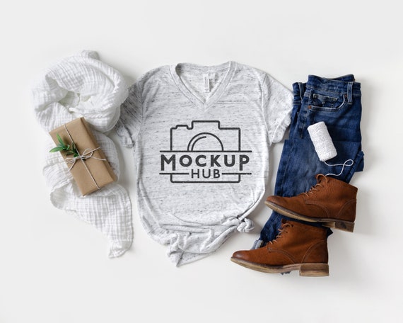 Bella Canvas 3005 White Marble | Christmas Mockup | Shirt Mockup | Bella Canvas 3005 V-Neck White Christmas Tshirt Mockup | Holiday Mockup