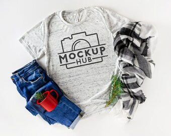 Bella Canvas White Marble Tshirt | Bella Canvas 3650 | Flat Lay Shirt Mockup | Christmas Mockup | Holiday Shirt Mockups | Sublimation Mockup