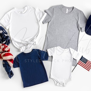 Bella Canvas 4th of July Mockup | Family Mockup | 3001 White Heather Athletic | 3001T Navy | 100B White | Bella Canvas Patriotic Mockup