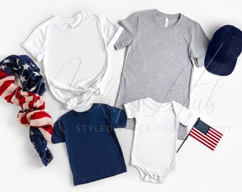 Bella Canvas 4th of July Mockup | Family Mockup | 3001 White Heather Athletic | 3001T Navy | 100B White | Bella Canvas Patriotic Mockup
