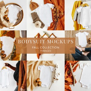 May include: Nine mockup images of a white baby bodysuit on various fall-themed backgrounds. The backgrounds include a woven basket, a blanket, a wooden hanger, and a pregnant woman. The text "Bodysuit Mockups Fall Collection 9 Images" is displayed in the center of the image.