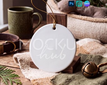 Christmas Pet Ornament Mockup Canva Template Round Ceramic Ornament with Gold String, Photoshop Smart Object PSD, Canva PNG, Print on Demand