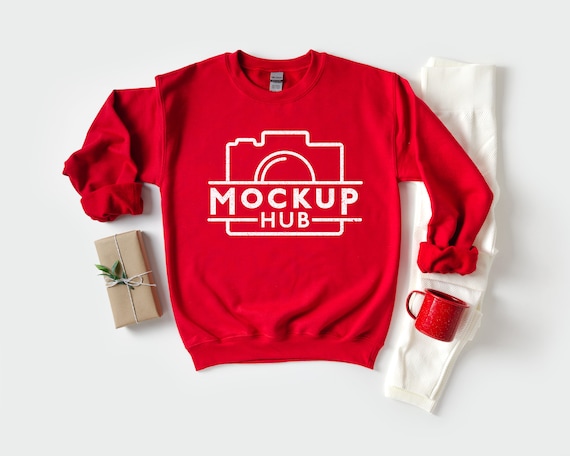 Gildan G18000 Sweatshirt Mockup | Red | Christmas Mockup | Hygge Cozy Mockup | Winter Mockup | Unisex Mockup | Gildan Mock Up