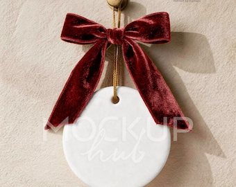 Christmas Ornament Mockup Canva Template Round Ceramic Ornament with Gold String, Photoshop Smart Object PSD, Canva PNG, Print on Demand